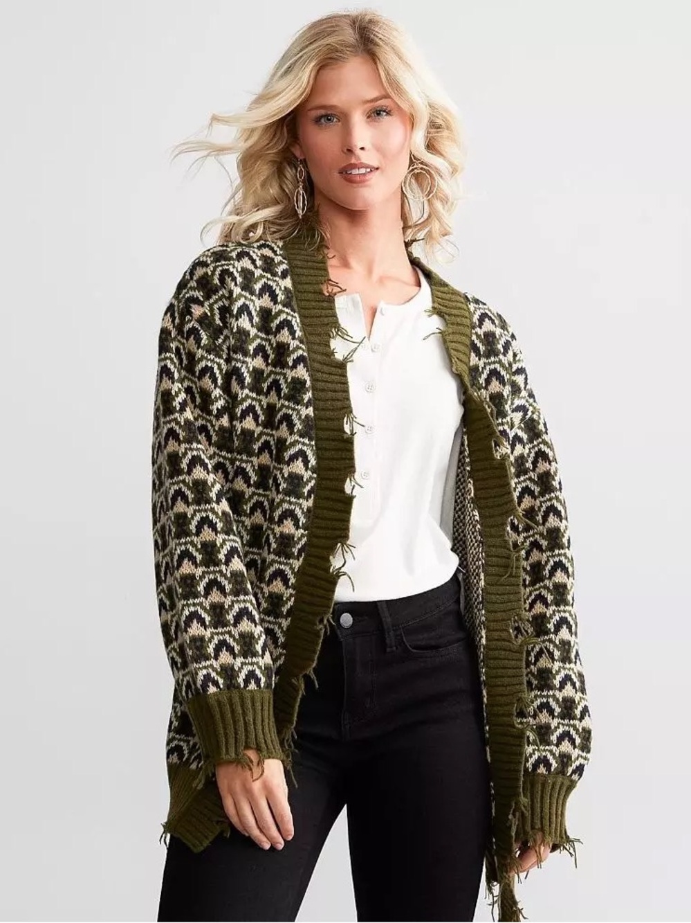 BKE - Olive Green Black Cream Patterned Open Cardigan